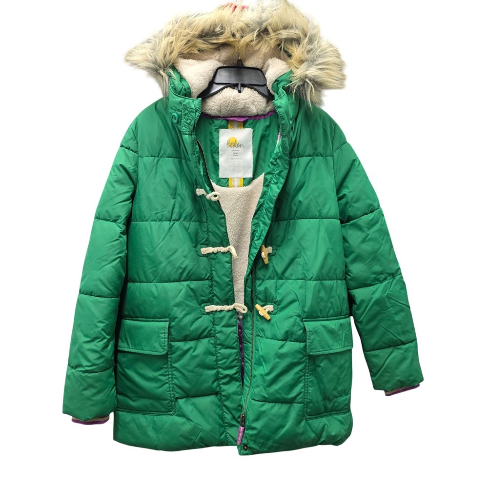 Boden Kids Green Puffer Coat Faux Fur Hood Toggle Closure Size 13-14Y